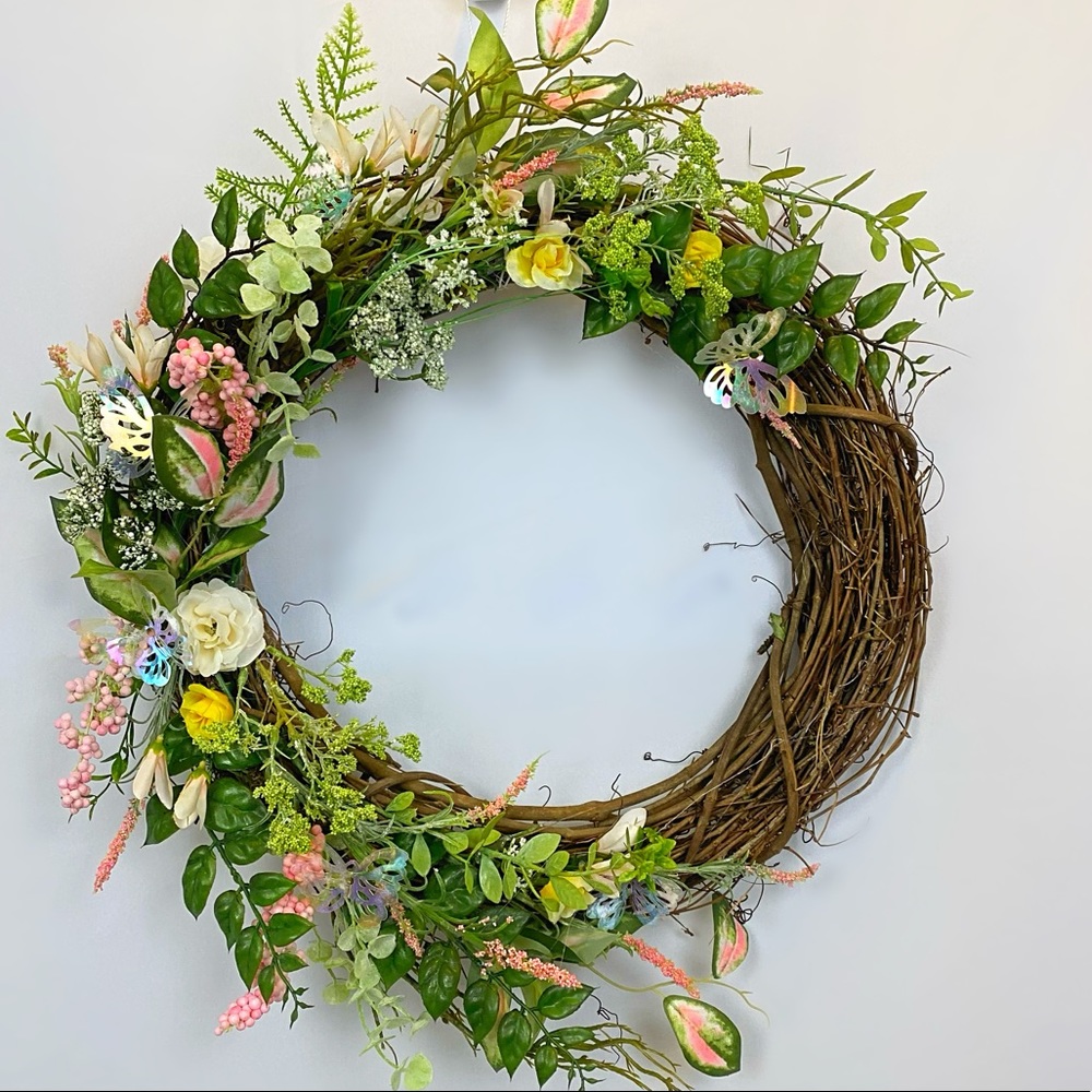 Handmade Grapevine Floral Spring Wreath, Butterfly Door Hanger Wreath